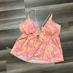 Decree Swim Top XL Floral Tankini Pink Orange Tropical Hibiscus VNeck Drawstring